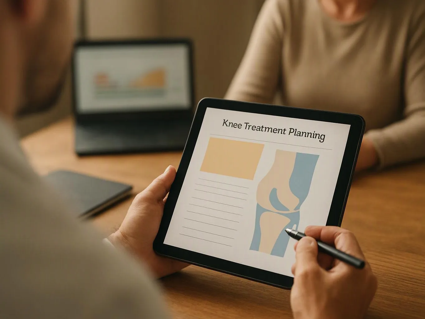 Person holding a tablet showing knee treatment planning while writing with a stylus at a table