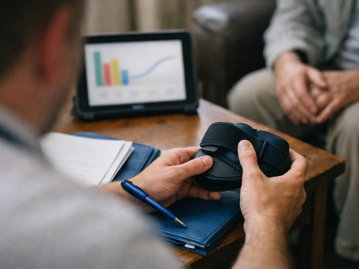 A person holds a black ankle brace at a table while another sits nearby and a chart glows on a tablet
