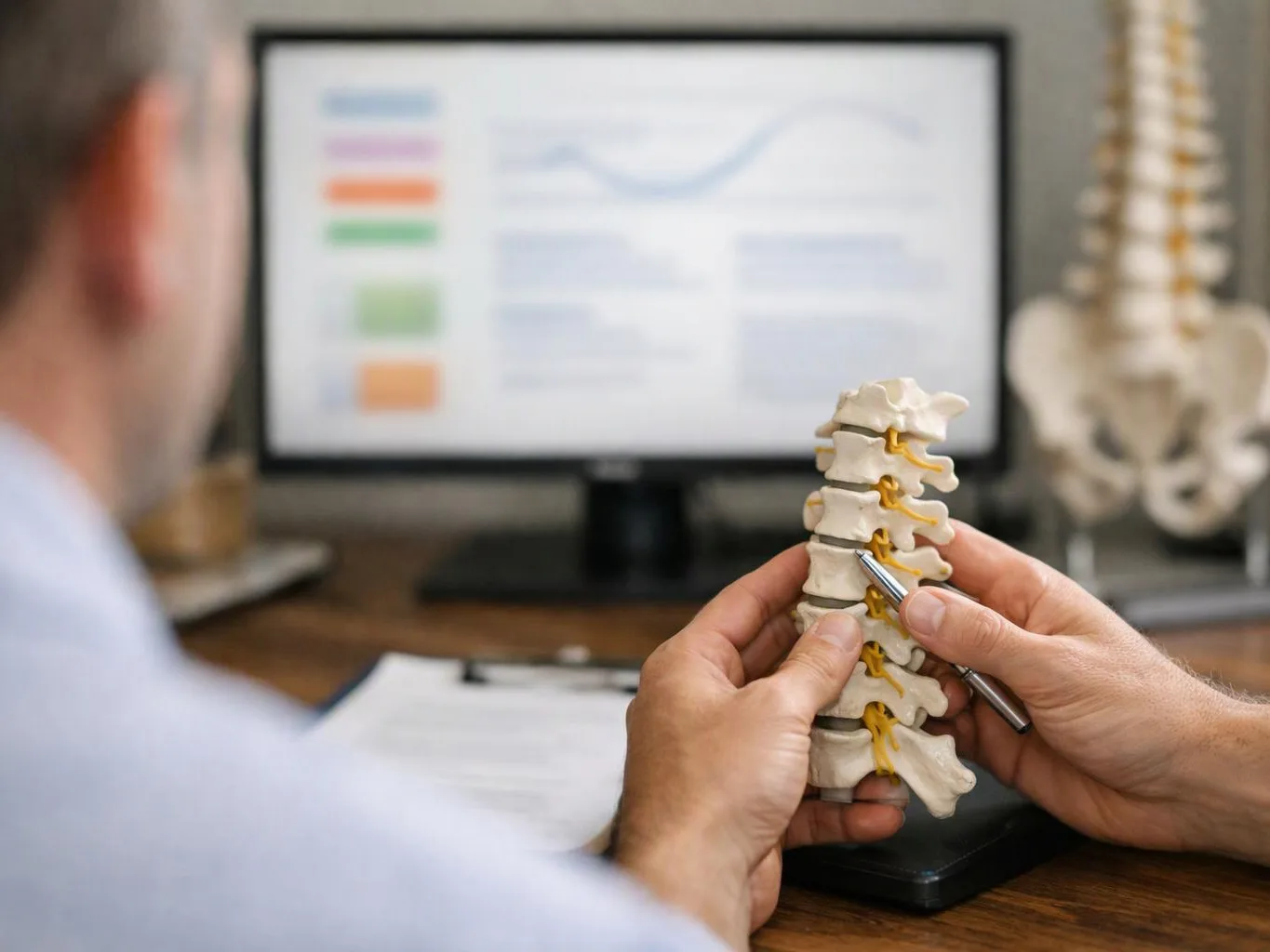 A person holds a spine model and points at it with a pen beside a blurred computer monitor
