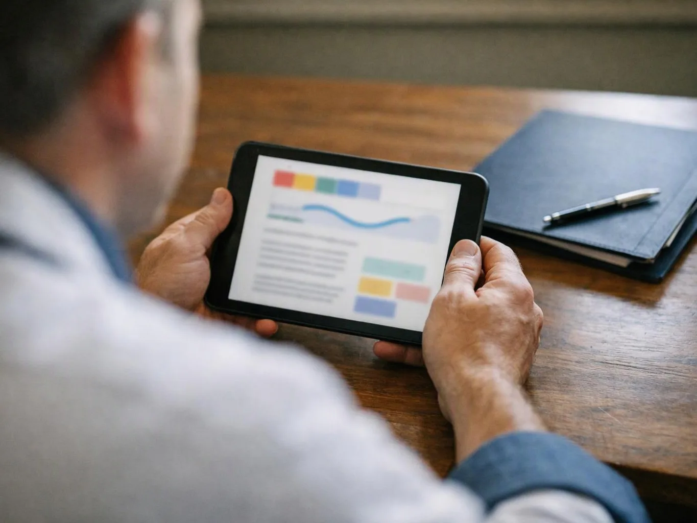 A person holds a tablet showing a blurred chart and colored blocks at a wooden desk with a notebook and pen
