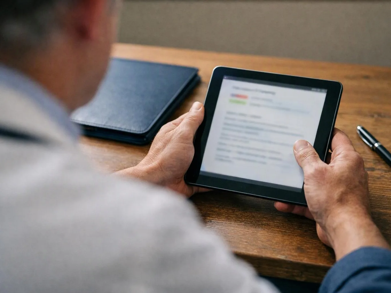 A person holds a tablet showing a blurred document while sitting at a wooden table with a notebook and pen