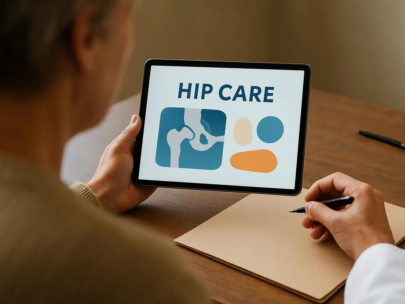 A person holds a tablet showing “HIP CARE” with a hip icon while another hand writes at a desk