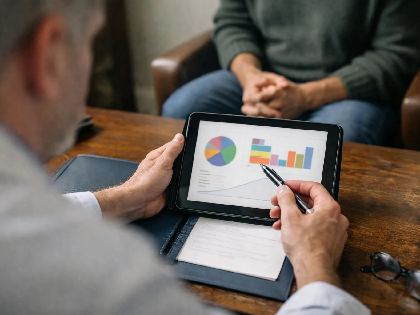 A person points at charts on a tablet during a seated meeting at a wooden table