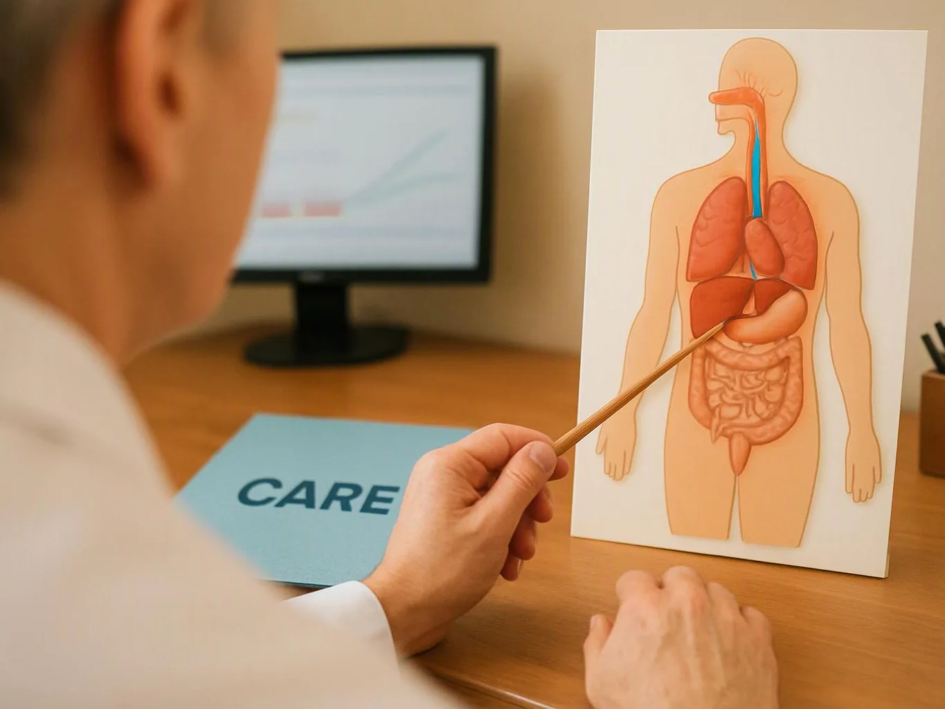 A person points at a human anatomy chart on a desk, with a monitor and a blue “CARE” folder nearby