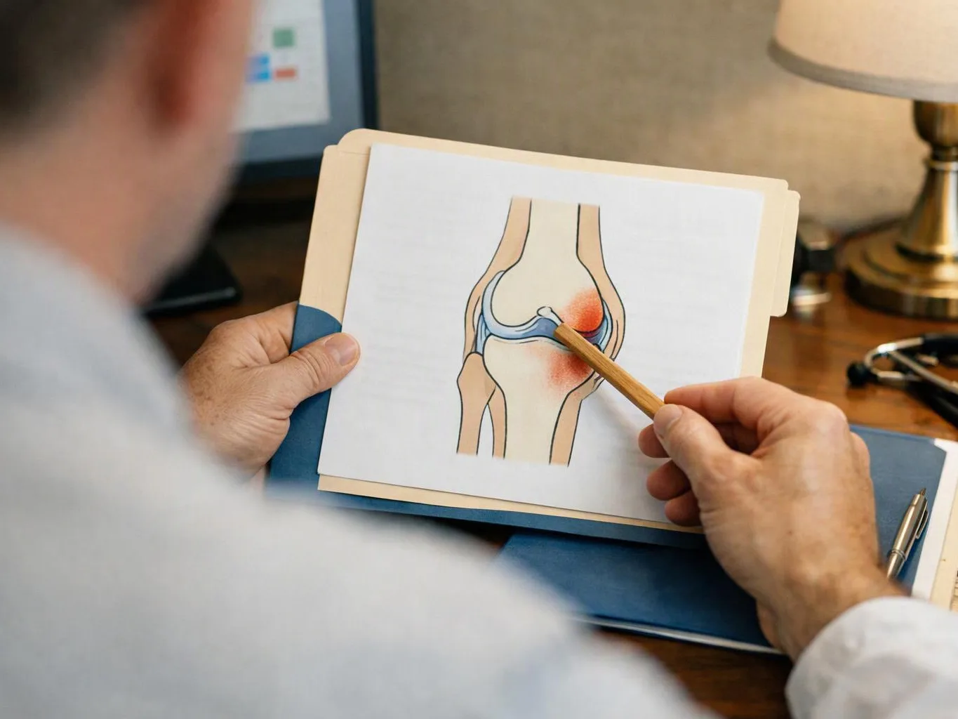 A person points at a knee joint diagram on a clipboard at a desk