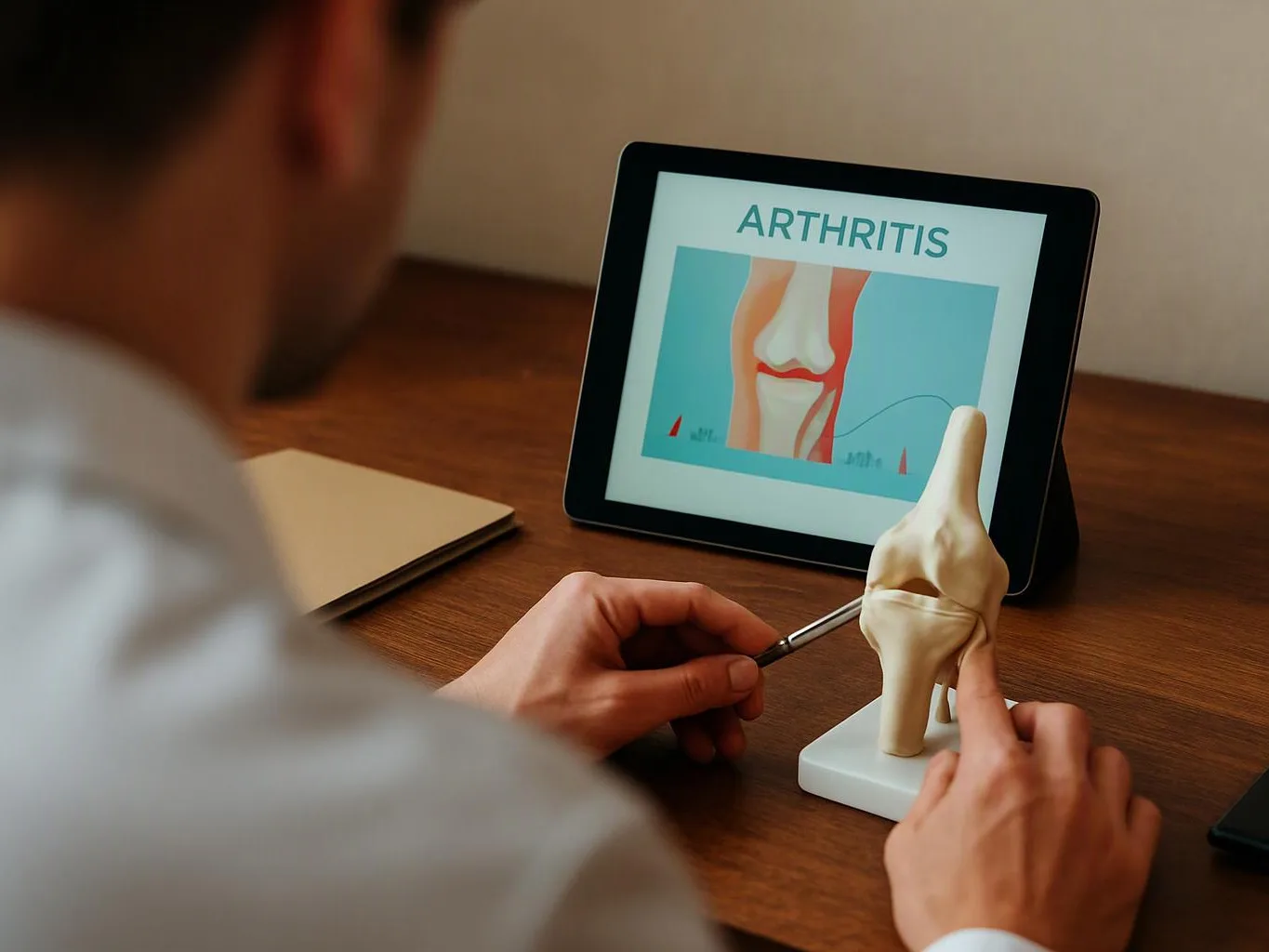 A person points at a knee model beside a tablet showing an arthritis diagram on a wooden desk