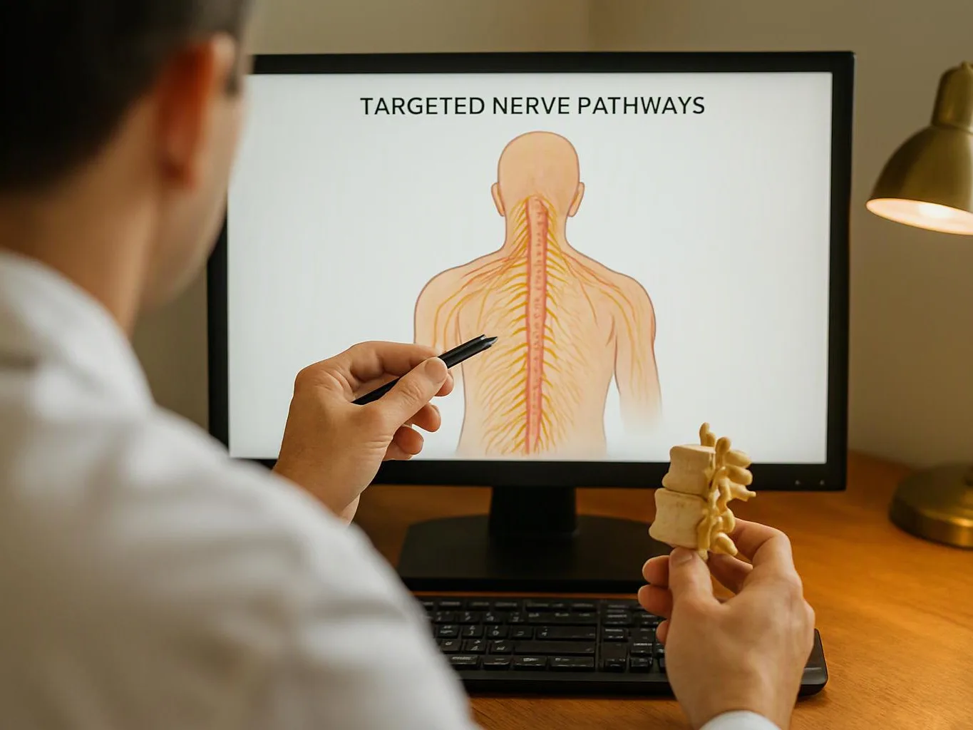 A person points at a monitor showing a spine and nerve diagram labeled “TARGETED NERVE PATHWAYS”