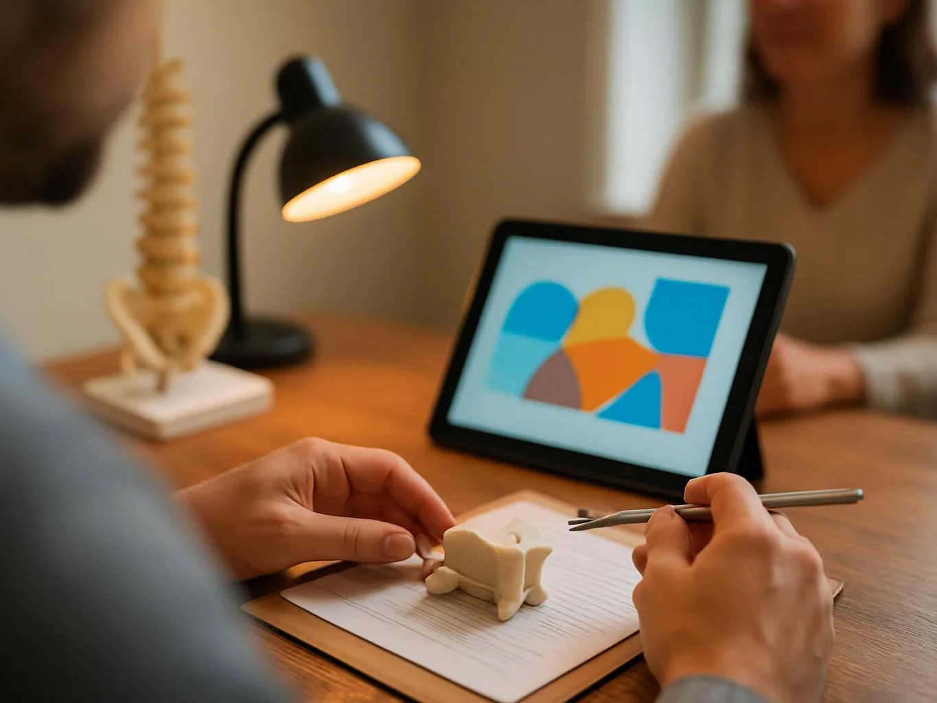A person shapes a small spine model at a desk while another person watches a tablet screen nearby