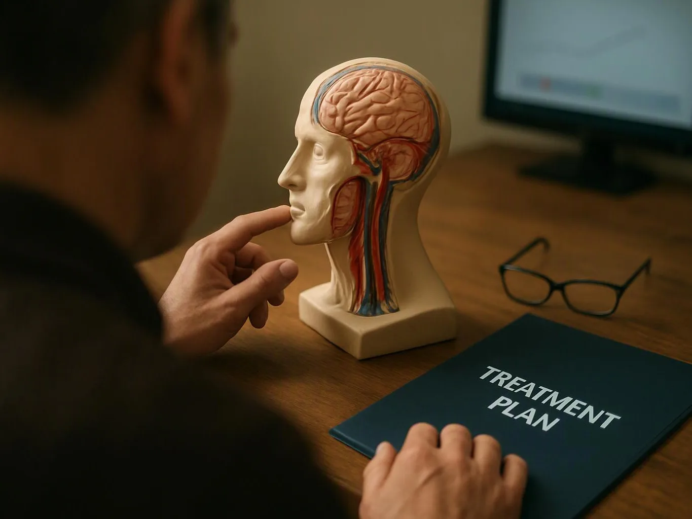 A person studies a head anatomy model beside glasses and a folder labeled “TREATMENT PLAN” on a desk