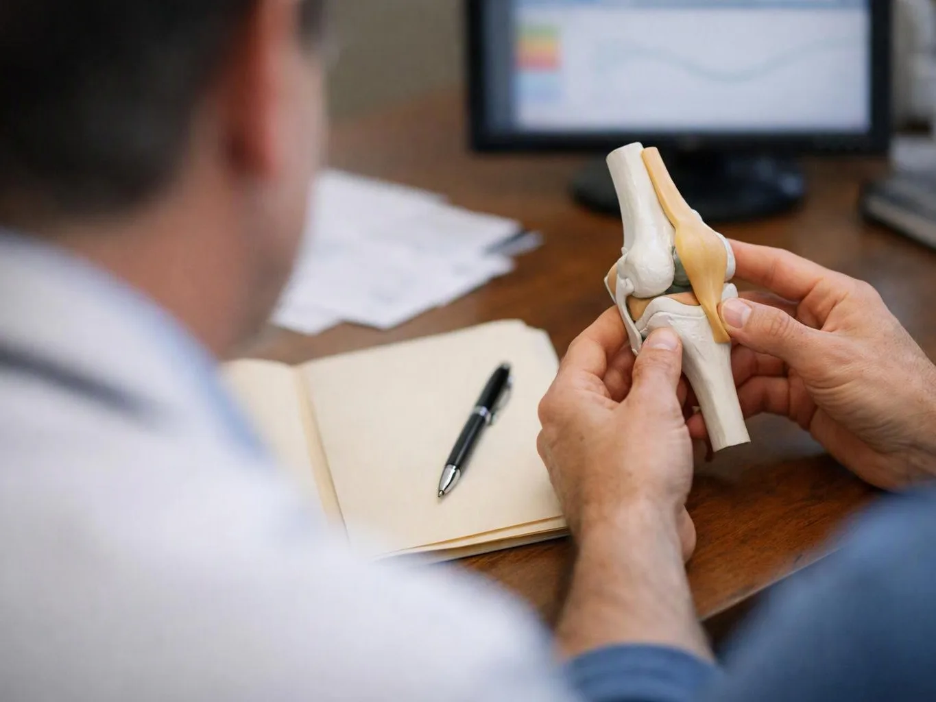A person studies a knee joint model at a desk with a notebook, pen, and computer monitor behind him
