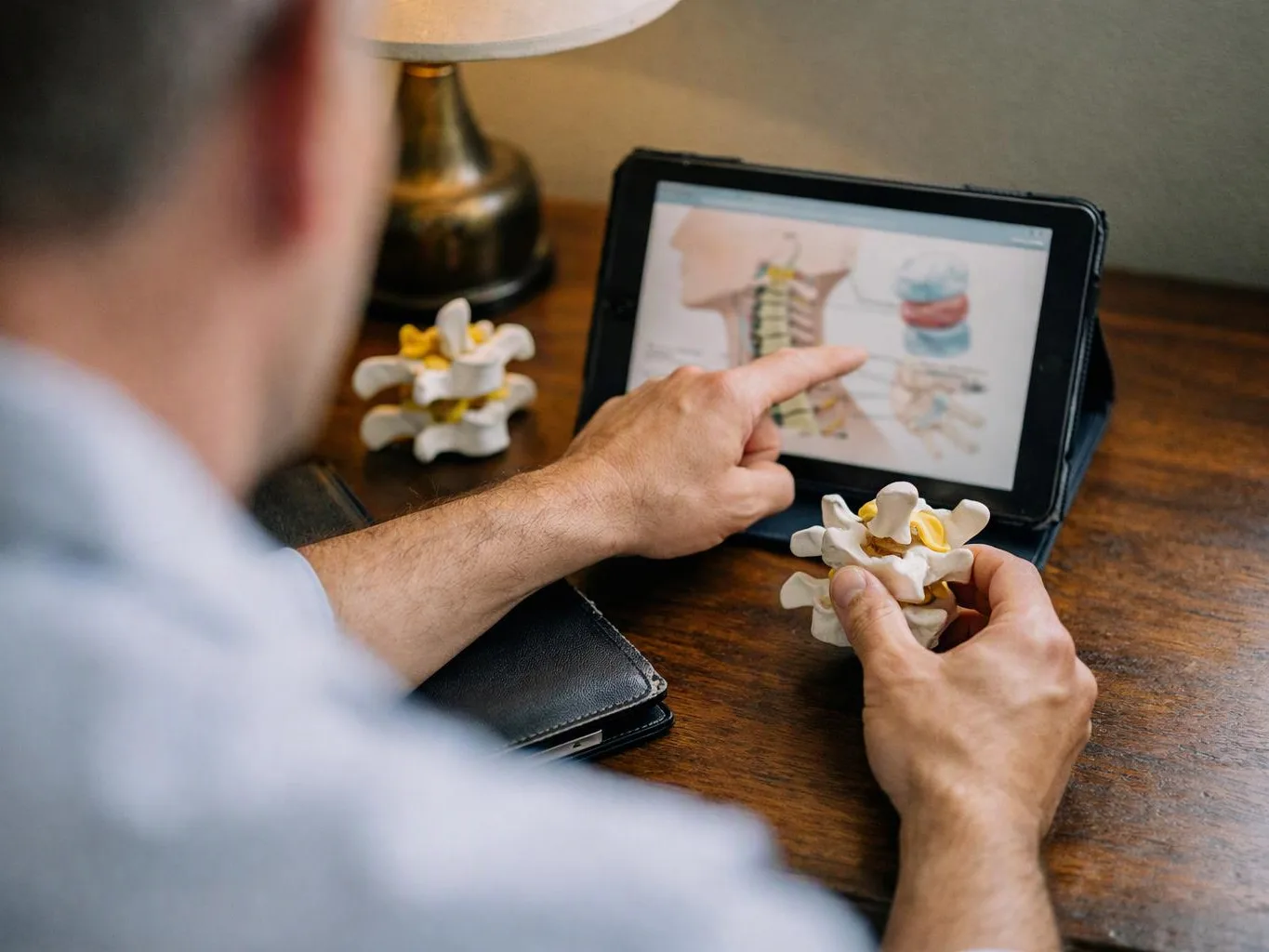 A person studies a spine diagram on a tablet while holding a small vertebra model at a wooden desk