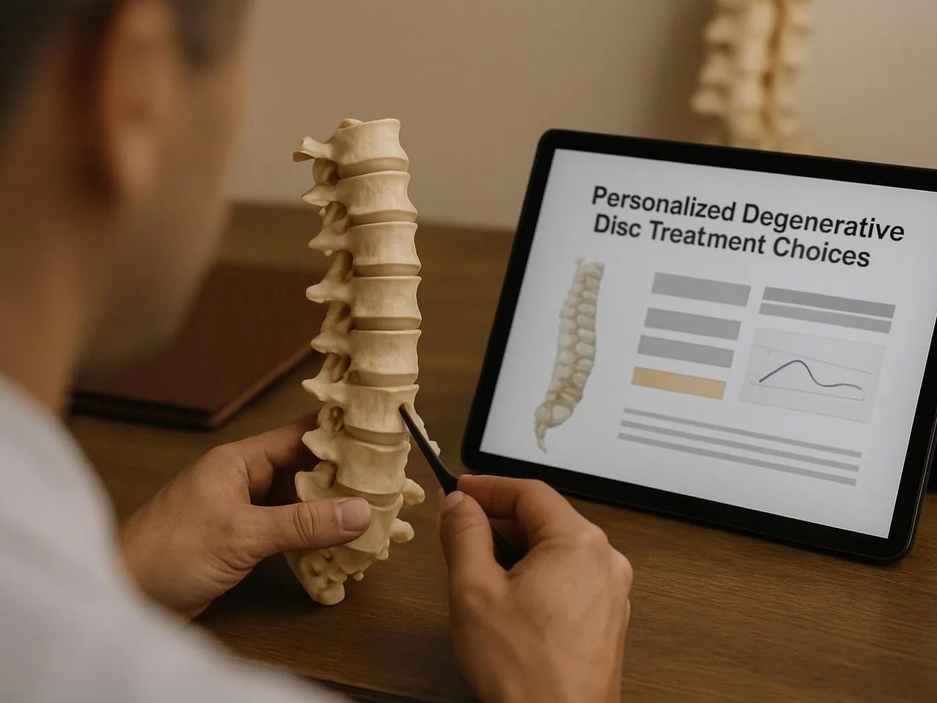 A person studies a spine model beside a tablet showing a treatment choices slide on a desk