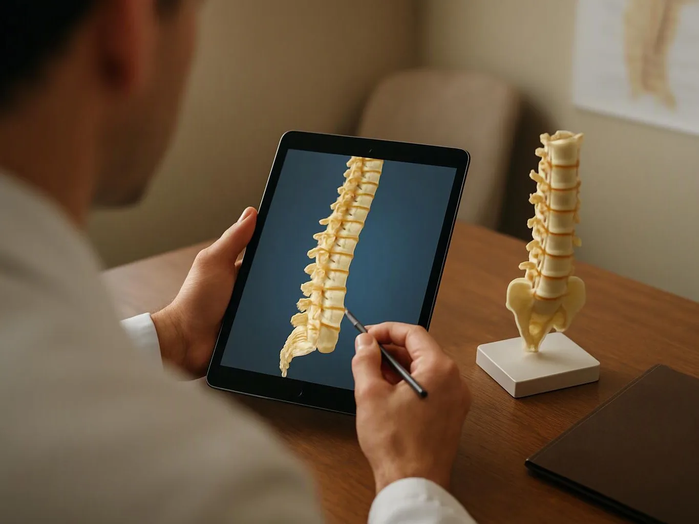 A person studies a spine model on a tablet while holding a stylus at a desk