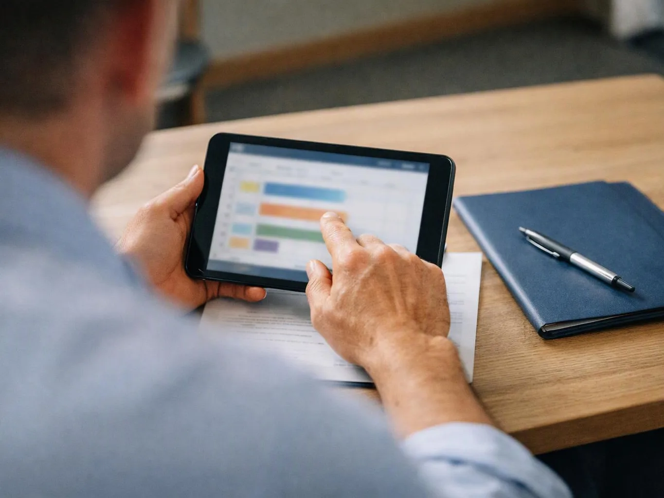 A person taps a tablet showing colored bars on a desk beside a notebook and pen