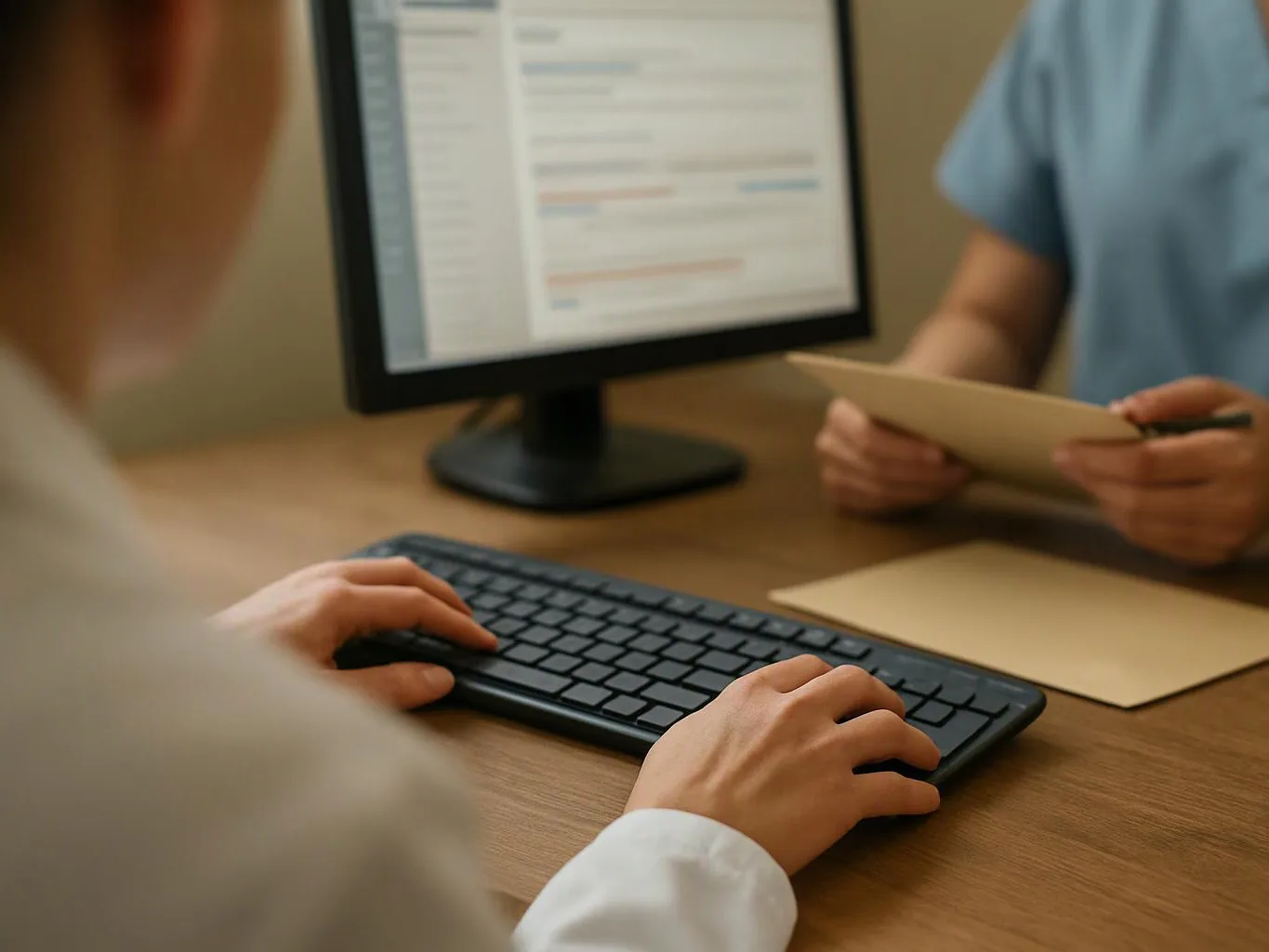 Person typing on a keyboard at a desk while another person holds a folder beside a computer monitor