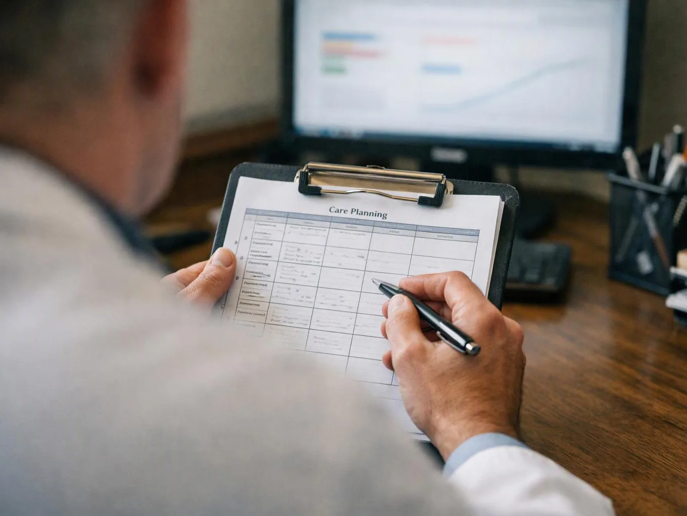A person in a white coat fills out a care planning form at a desk with a computer screen behind them