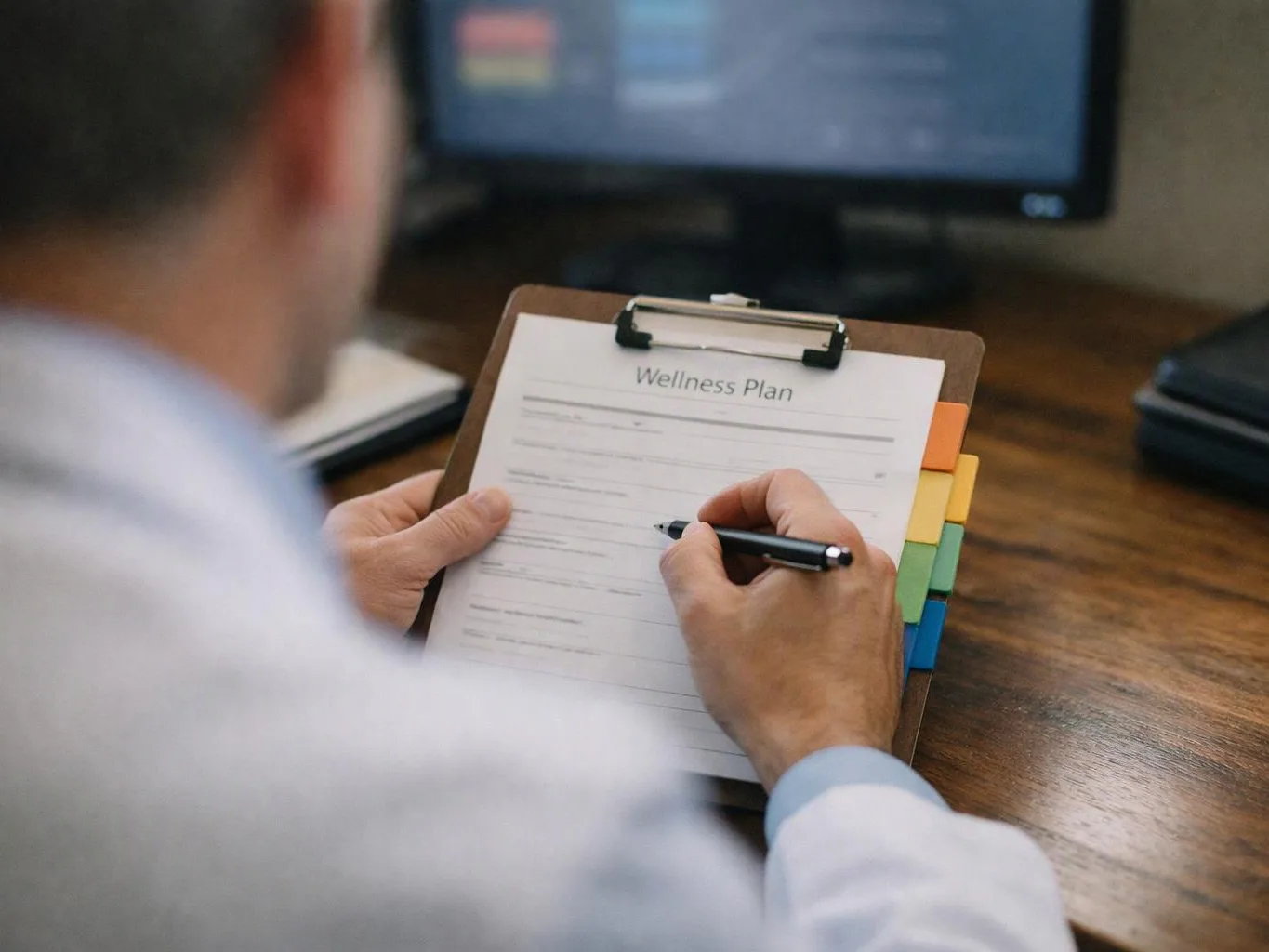 A person in a white coat fills out a wellness plan on a clipboard at a desk