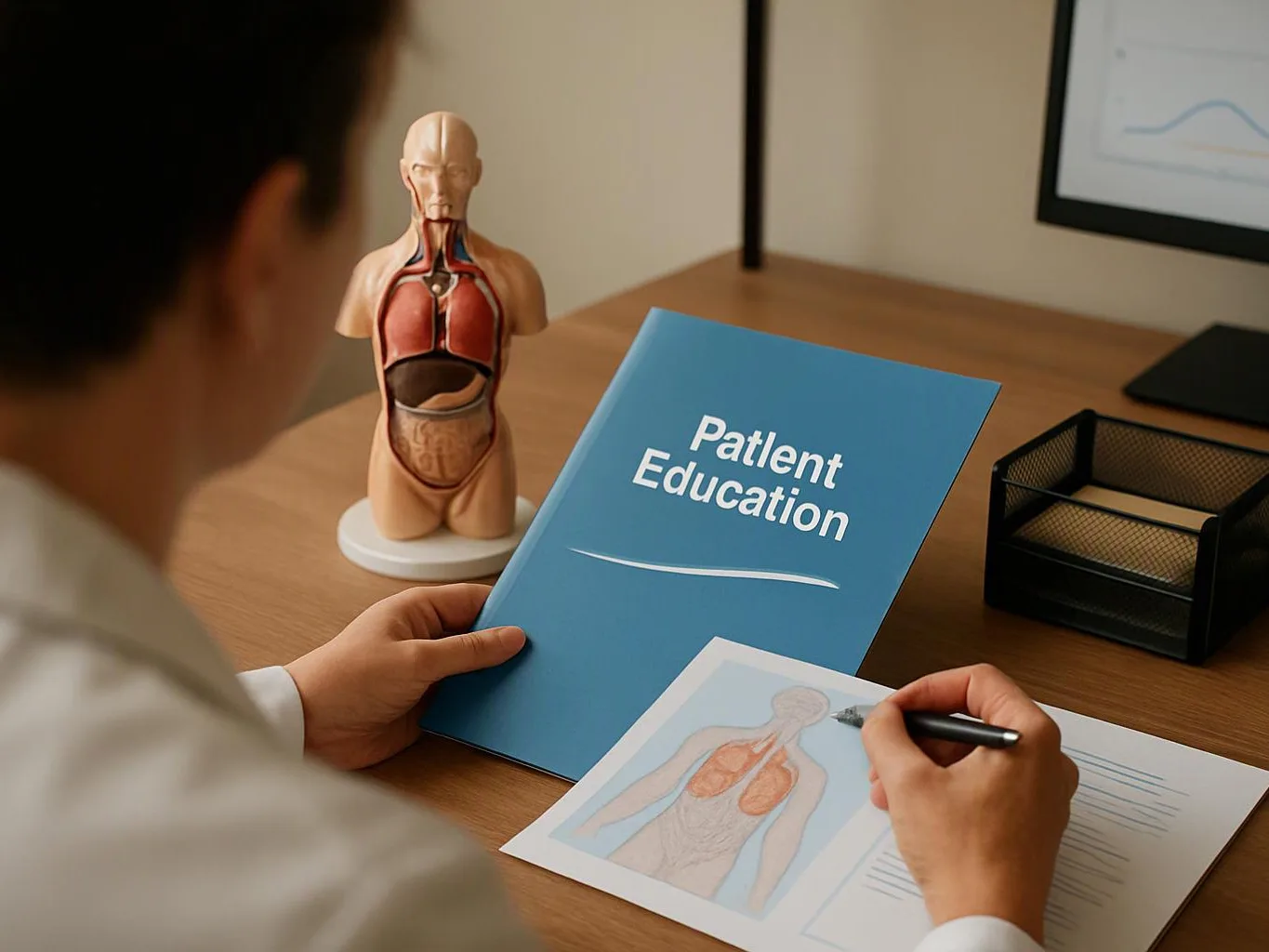 A person in a white coat writes on a medical worksheet beside a blue "Patient Education" booklet and anatomy model