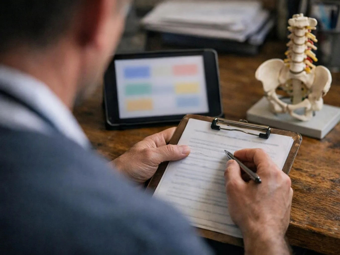 A person writes on a clipboard beside a tablet and a spine model on a wooden desk