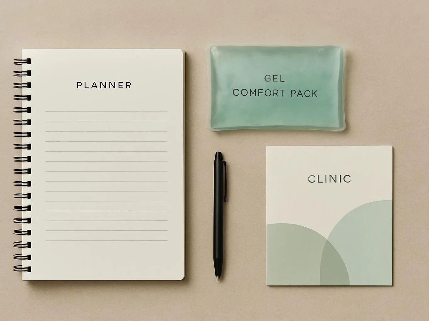 A planner, gel comfort pack, black pen, and clinic brochure sit neatly on a beige surface