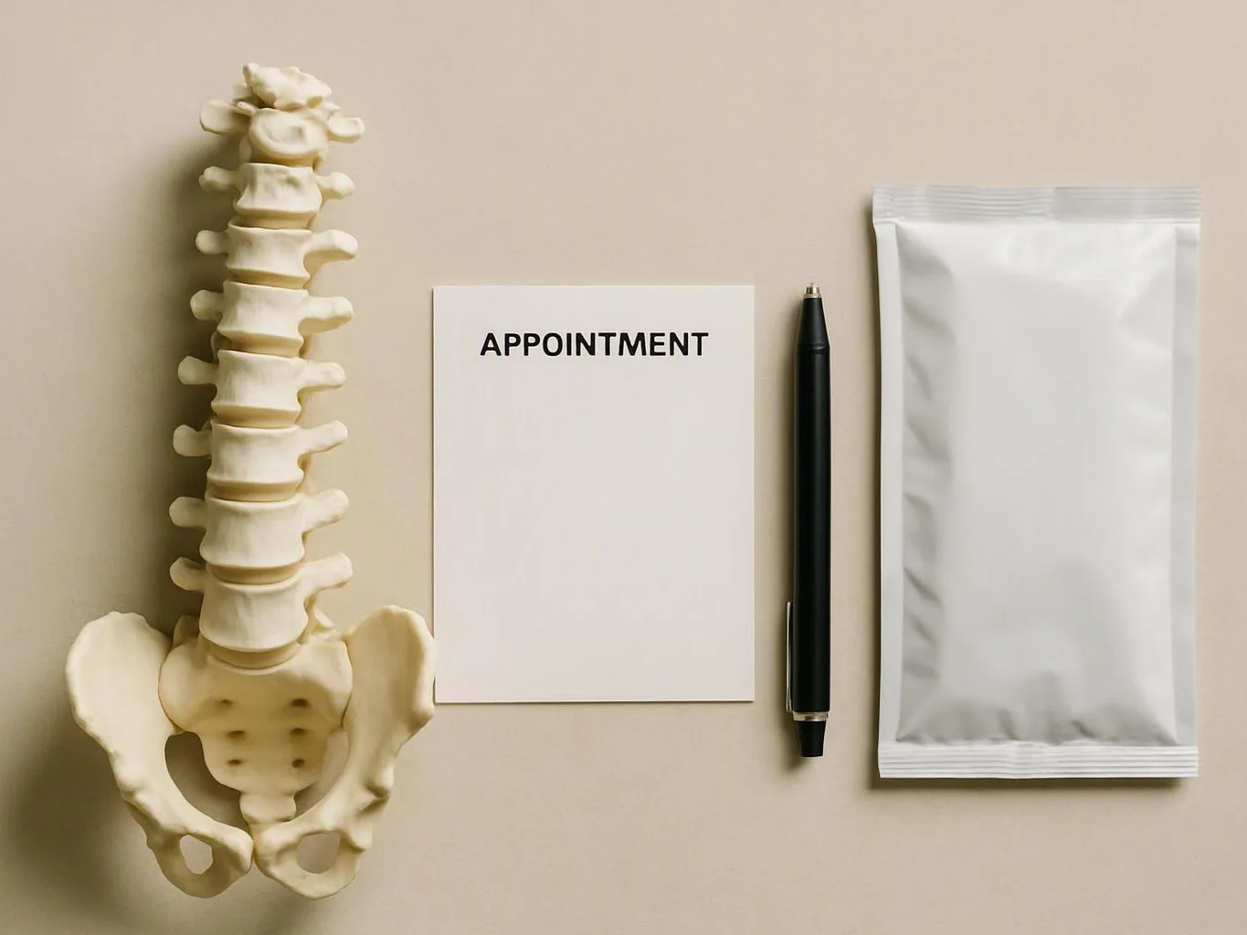 A plastic spine model, appointment card, black pen, and sealed white pouch lie on a beige surface