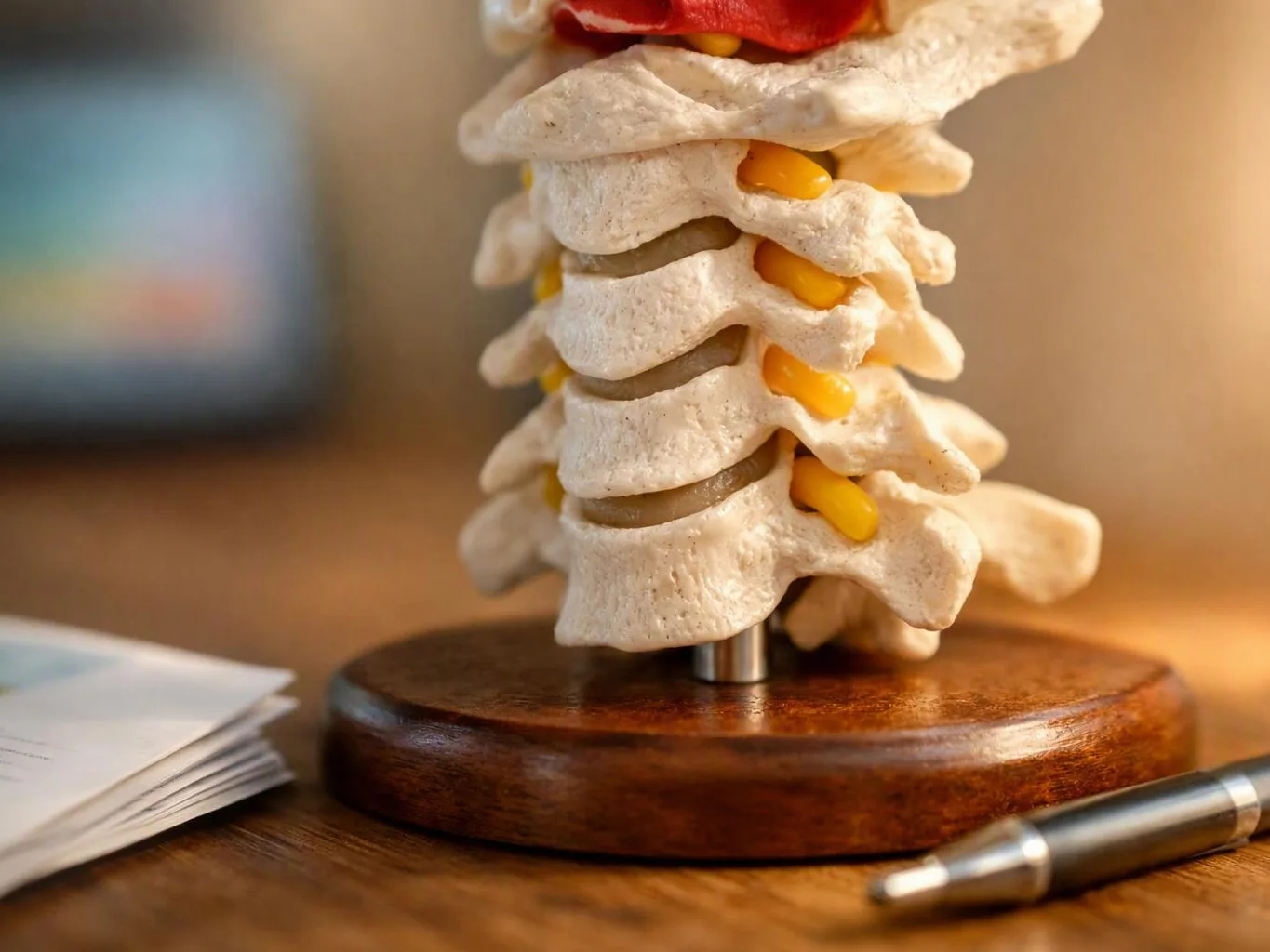 A plastic spine model sits on a wooden base beside papers and a pen on a desk