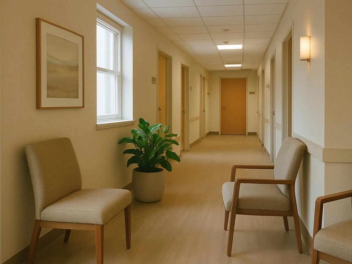 A quiet beige hallway shows empty chairs, a potted plant, framed art, and closed doors under soft ceiling lights