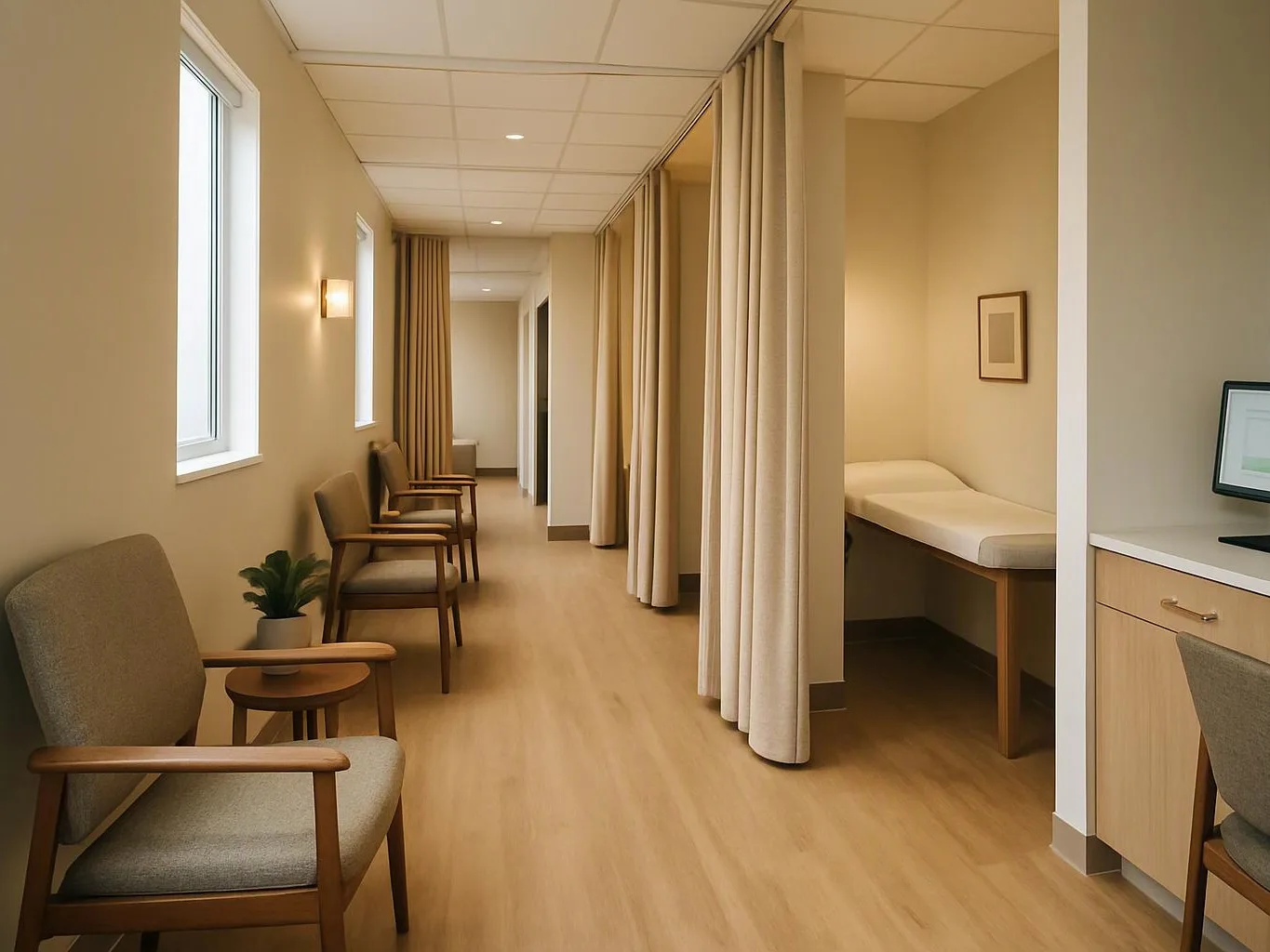 A quiet clinic hallway has chairs, curtains, an exam bed, and a desk with a computer
