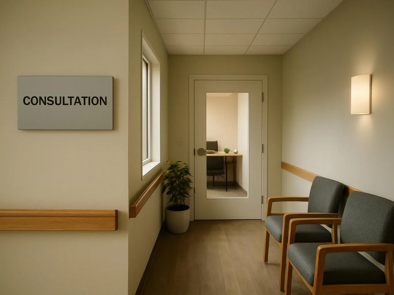 A quiet clinic hallway shows a consultation sign, two chairs, a potted plant, and a door to a small office