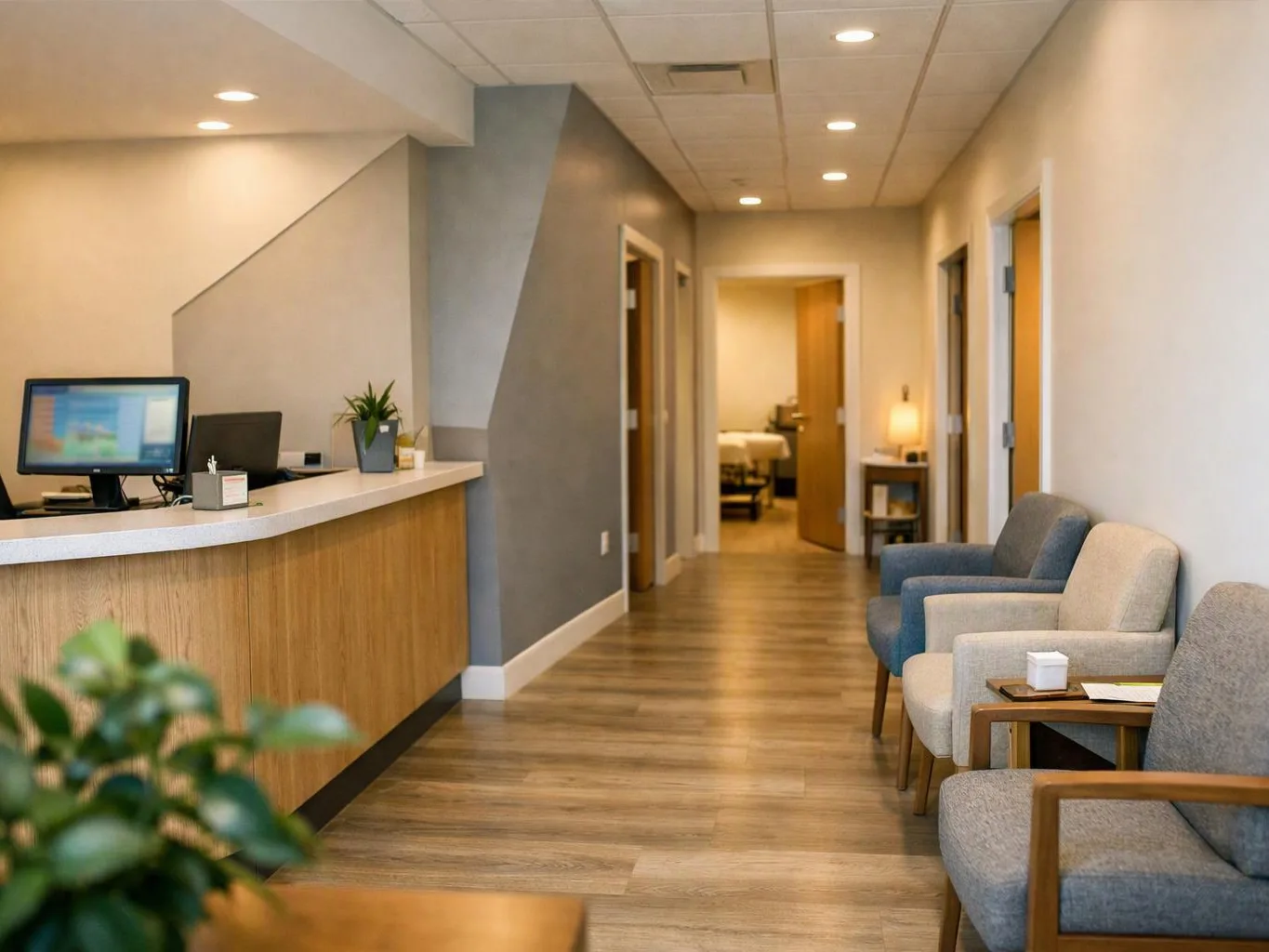 A quiet clinic hallway shows a reception desk, waiting chairs, and an open room at the far end