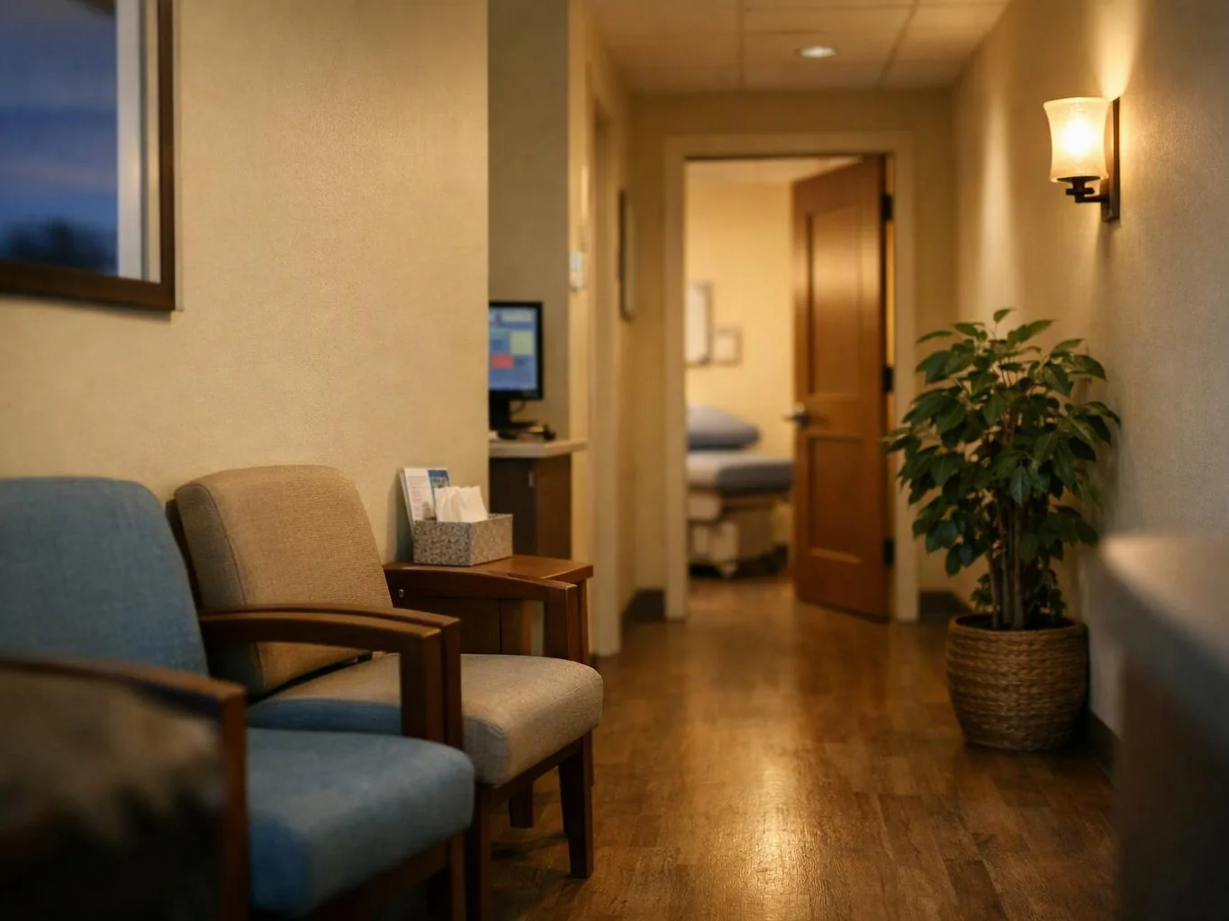 A quiet clinic hallway with two chairs, a side table, a potted plant, and an open exam room door