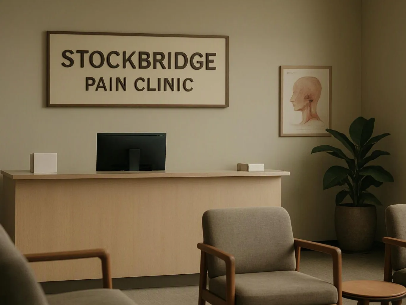 A quiet clinic reception area shows a desk, waiting chairs, a plant, and a wall sign reading “STOCKBRIDGE PAIN CLINIC”