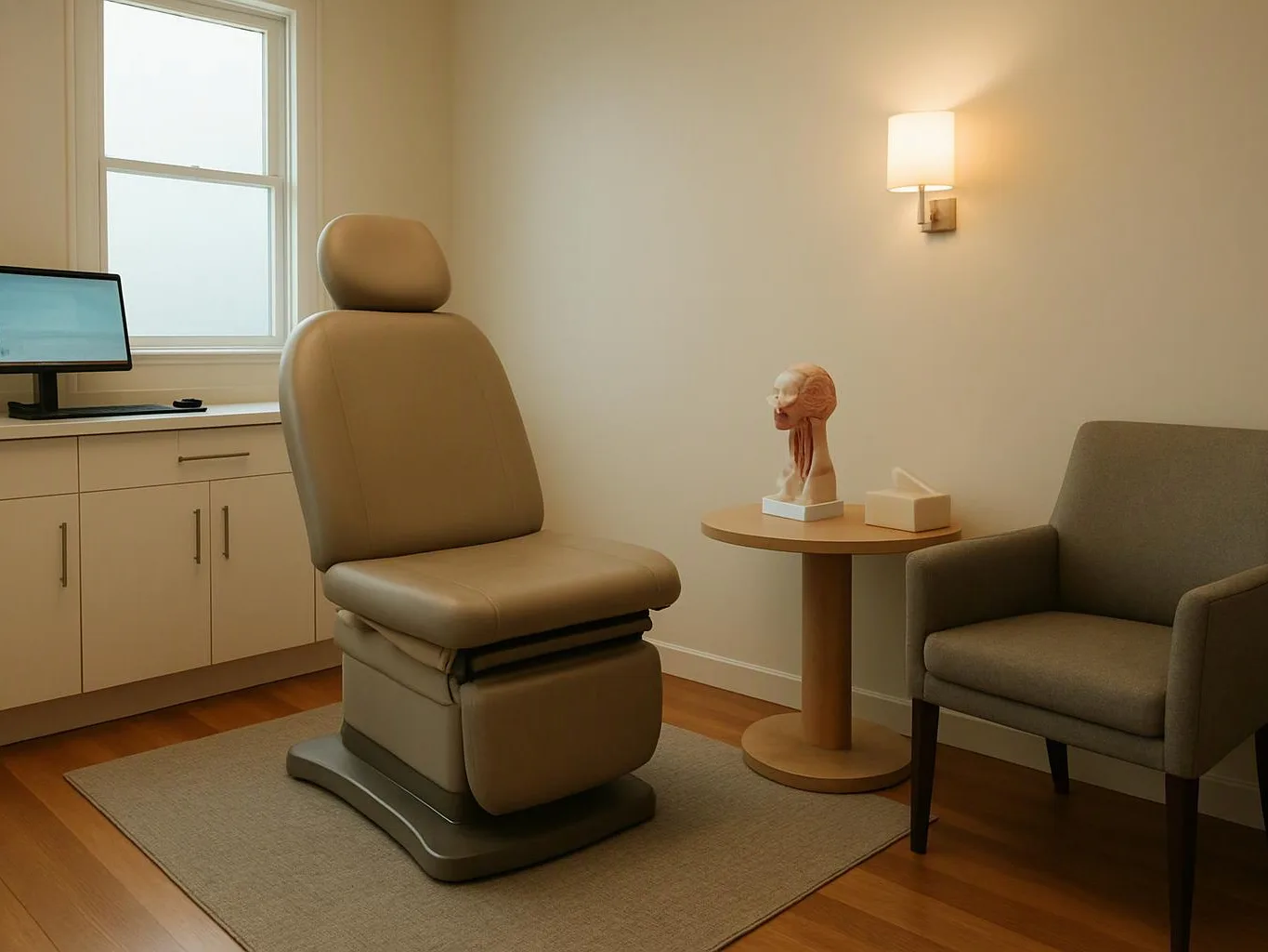 A quiet exam room has a beige treatment chair, gray armchair, small table, cabinet, and wall light