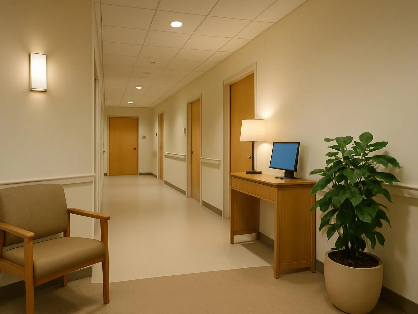 A quiet hallway with closed doors, a chair, lamp, table, monitor, and potted plant in soft beige light