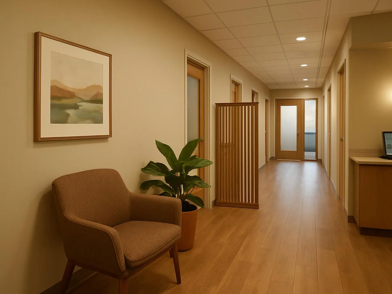 A quiet hallway shows a chair, potted plant, framed art, and closed doors under warm ceiling lights