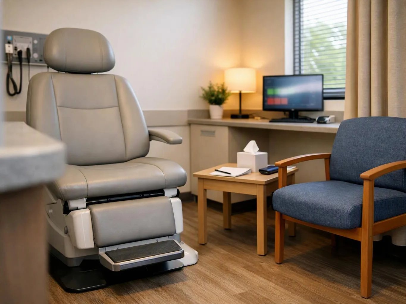 A quiet medical exam room with an empty reclining chair, a side table, and a blue waiting chair