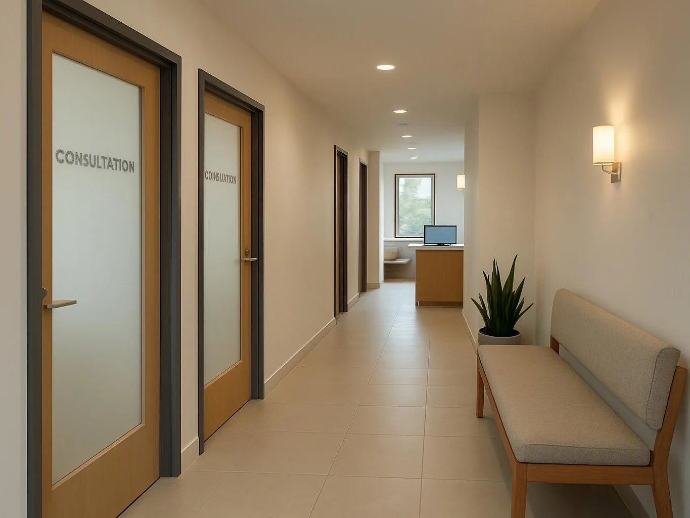 A quiet medical hallway shows consultation doors, a waiting bench, a potted plant, and a desk at the far end