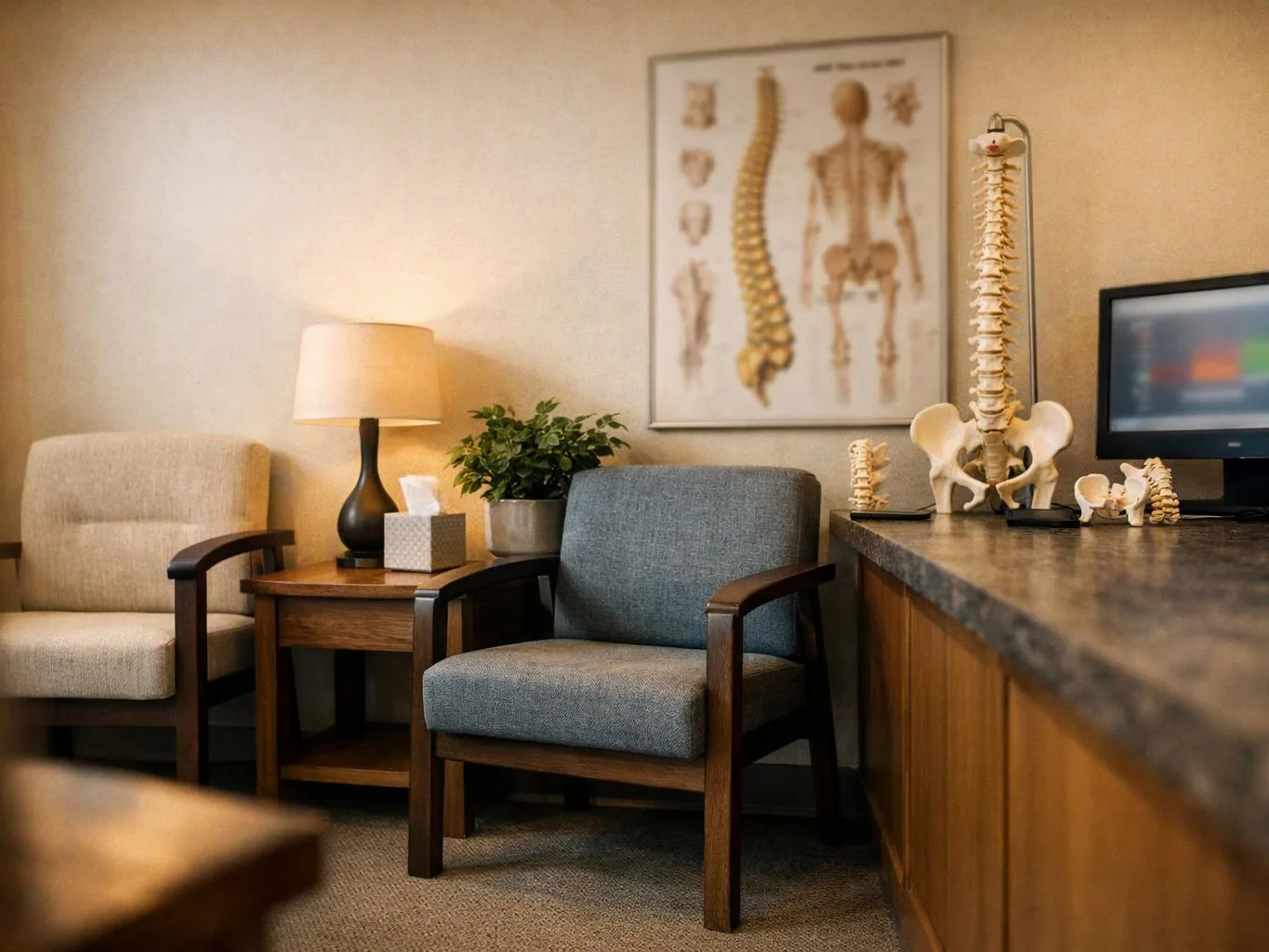 A quiet medical waiting room shows chairs, a lamp, a plant, and spine models on a counter