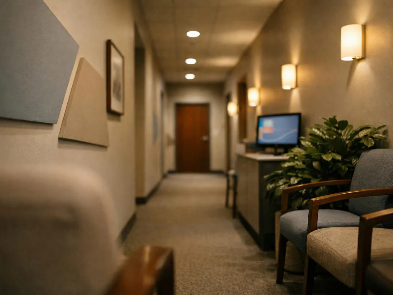 A quiet office hallway with chairs, wall lights, framed art, a plant, and a computer desk