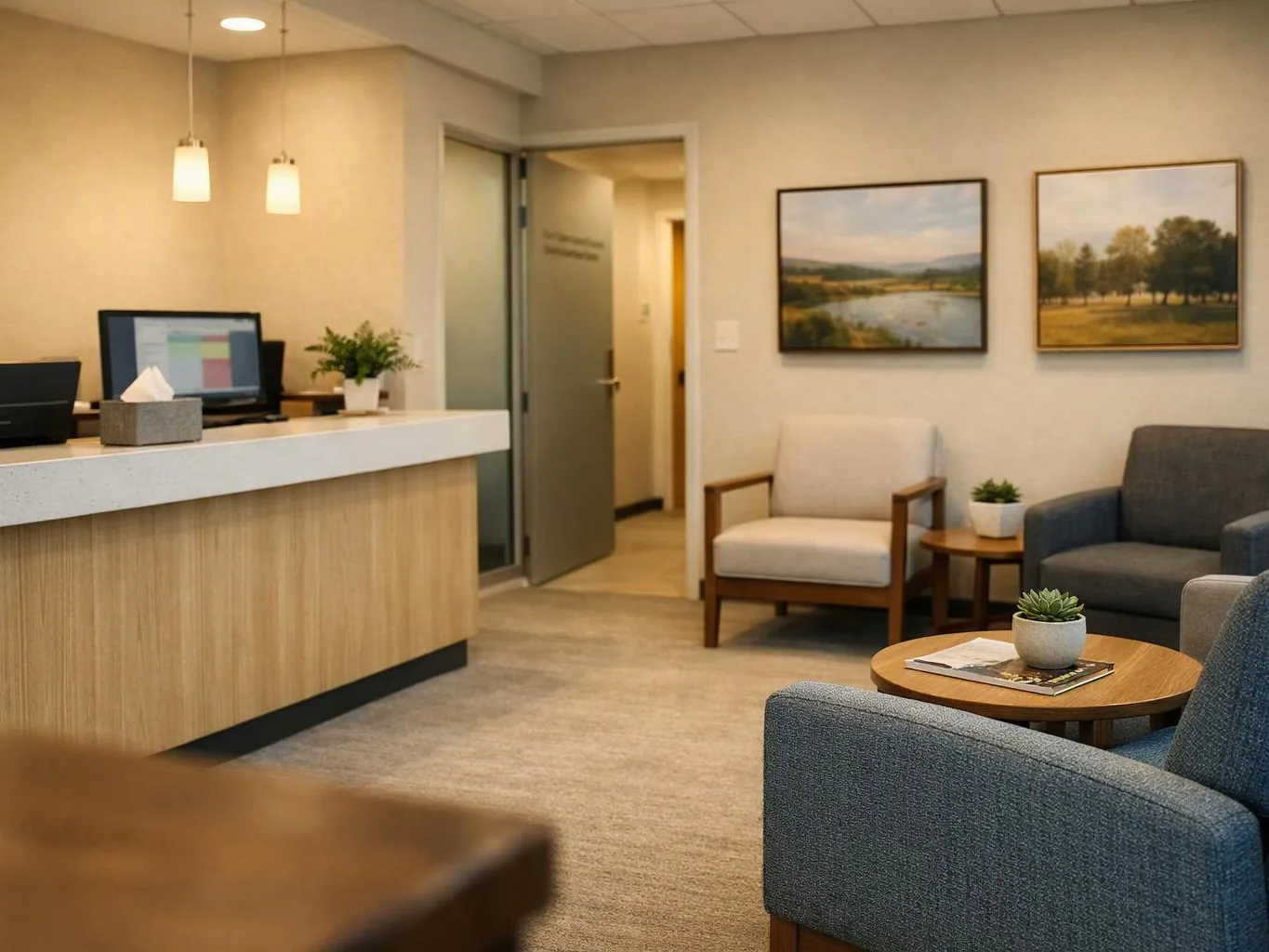 A quiet office lobby shows a reception desk, cushioned chairs, framed landscape art, and small potted plants