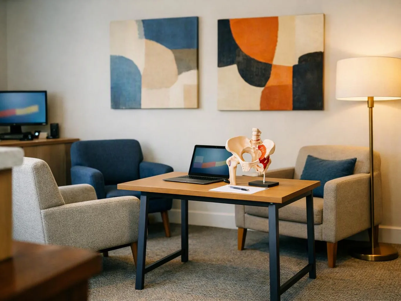 A quiet office lounge shows chairs around a table with a laptop, papers, and a pelvis model