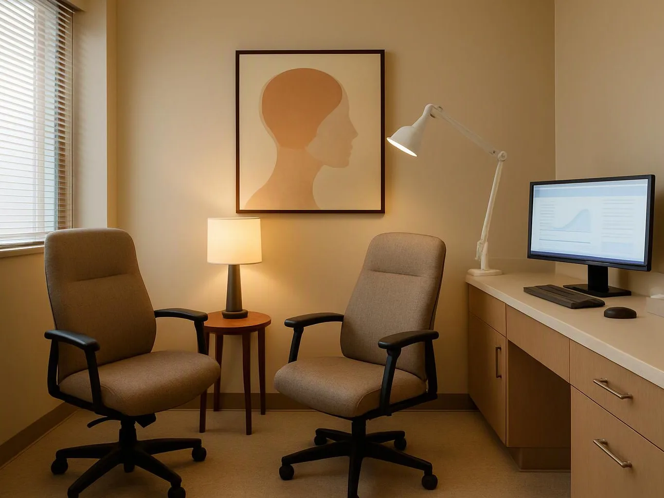 A quiet office room has two swivel chairs, a lamp, a desk, and a computer monitor under warm light