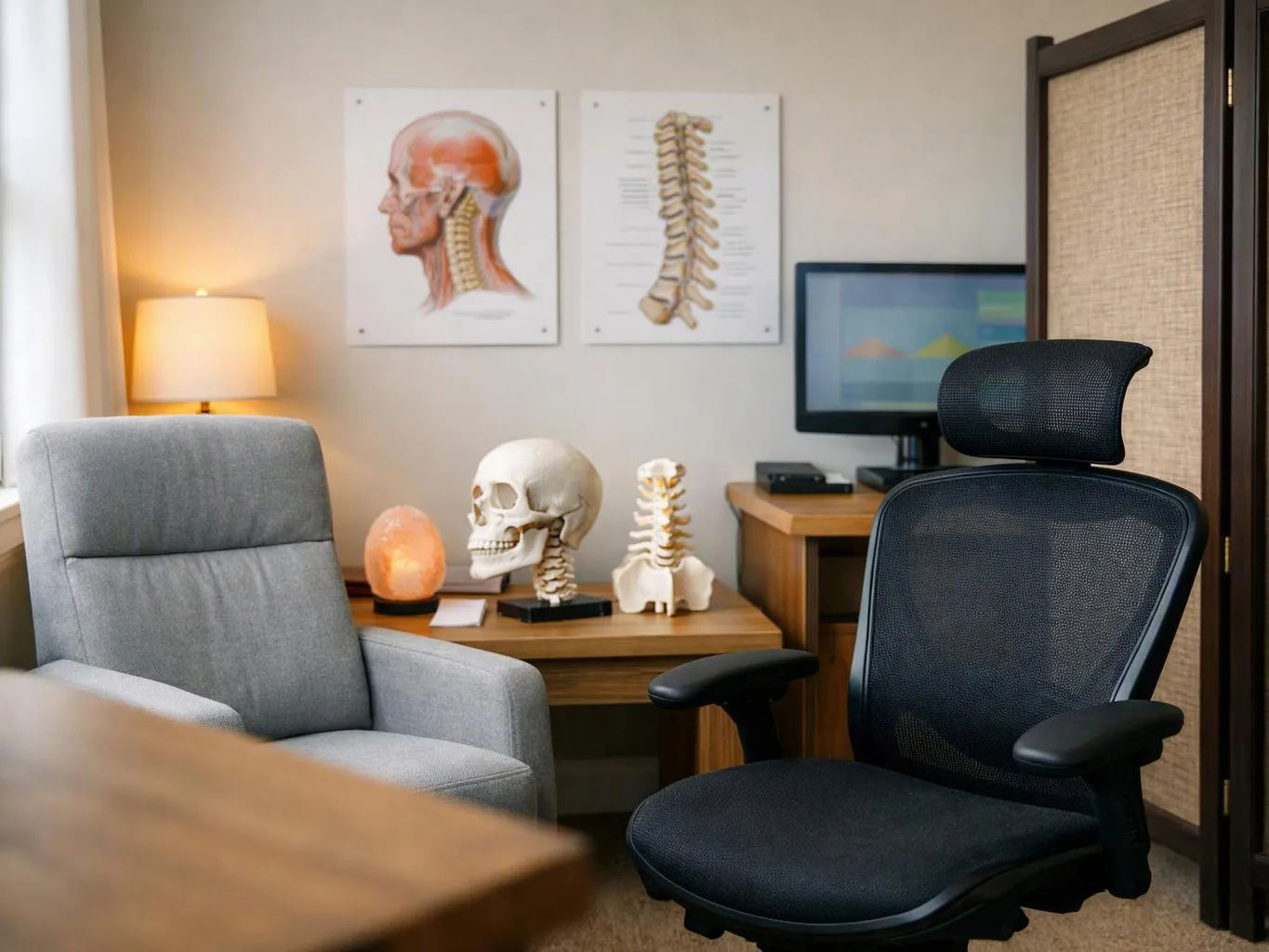 A quiet office shows two chairs, a desk with skull models, a lamp, and anatomy posters on the wall