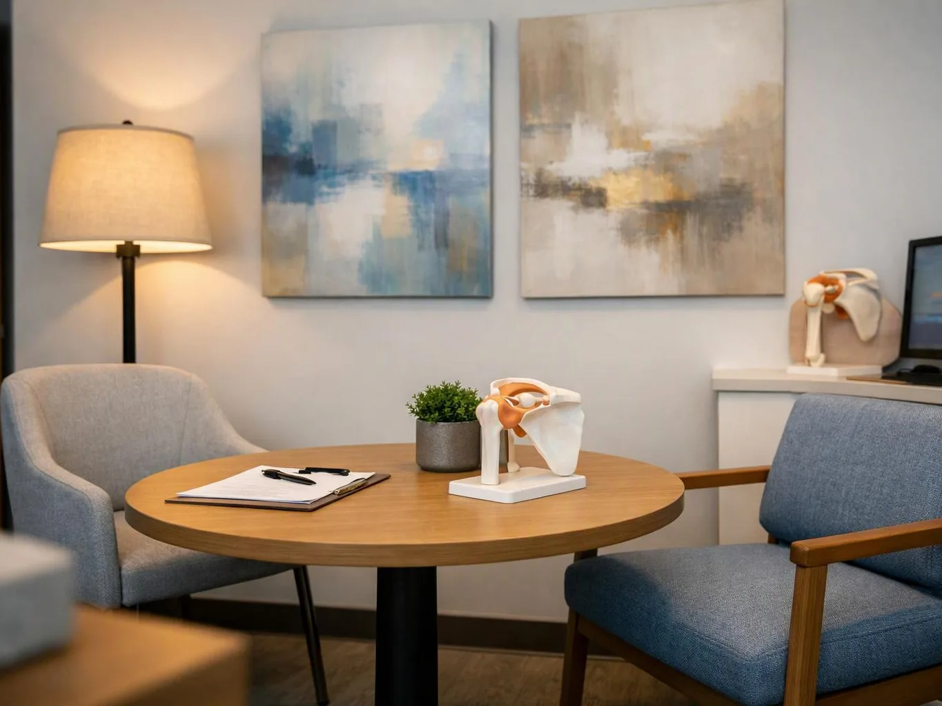 A quiet office waiting area shows two chairs, a round table, a lamp, and abstract wall art
