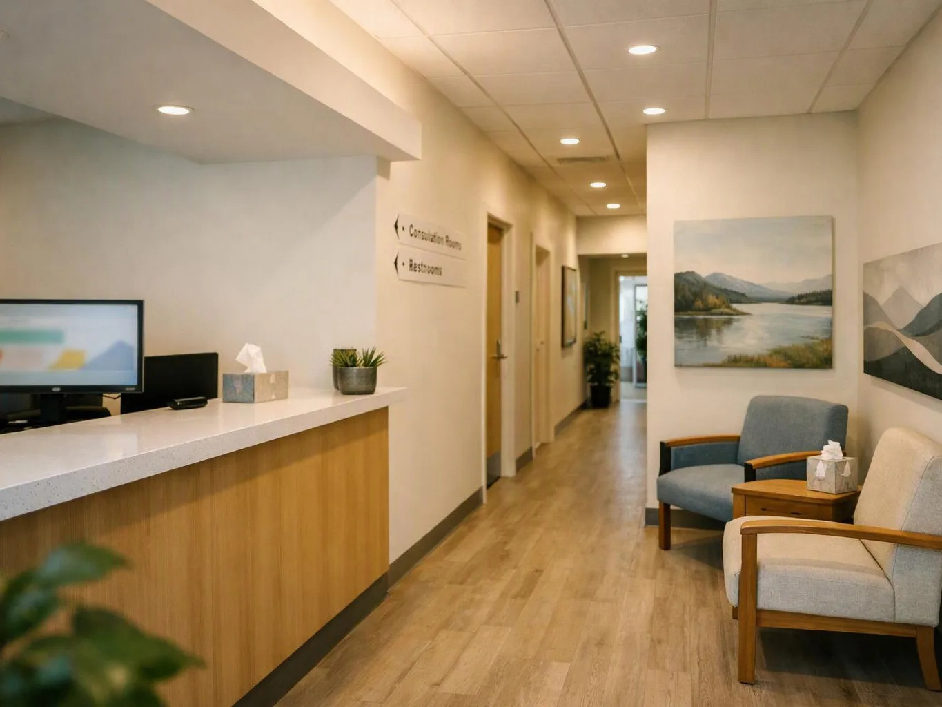 A quiet reception hallway shows a front desk, waiting chairs, and wall art under warm ceiling lights