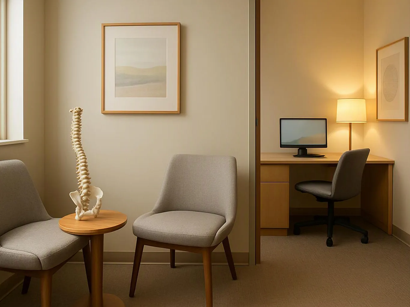 A quiet waiting area with gray chairs, a small round table, and a spine model beside a lit work desk