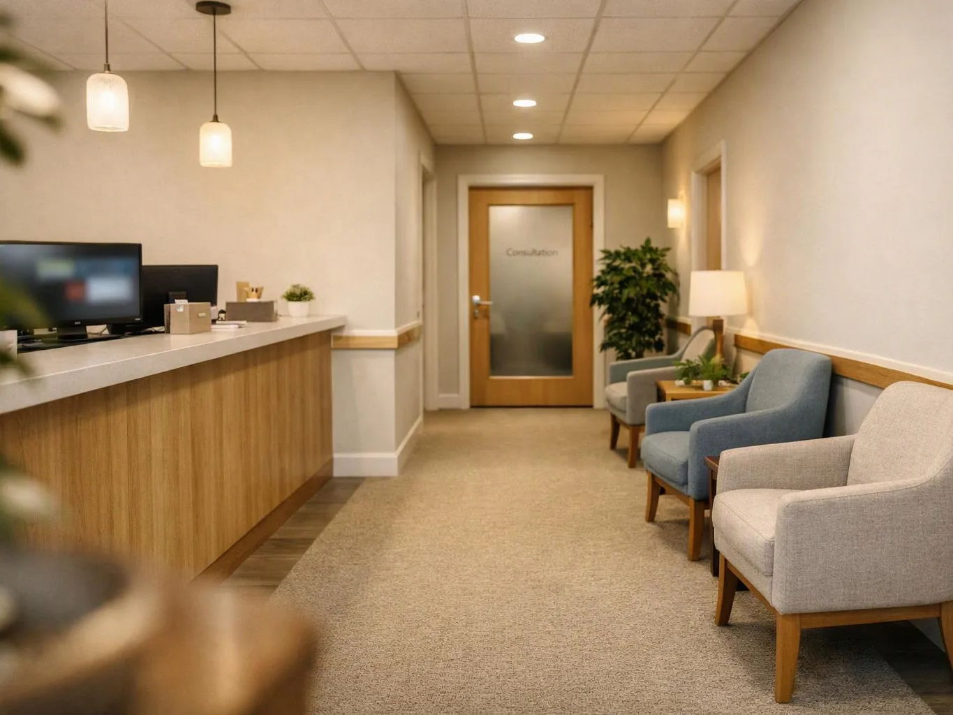 A quiet waiting room has a reception desk, cushioned chairs, lamps, and a frosted glass door labeled “Consultation”