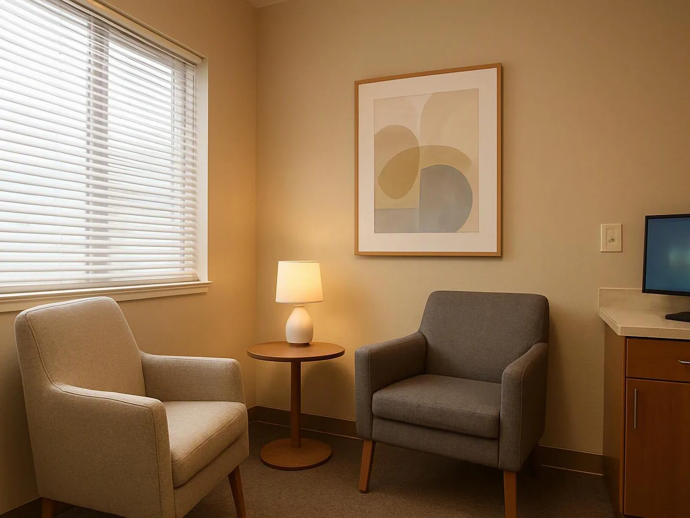 A quiet waiting room has two armchairs, a lit table lamp, a wall print, and a window with blinds