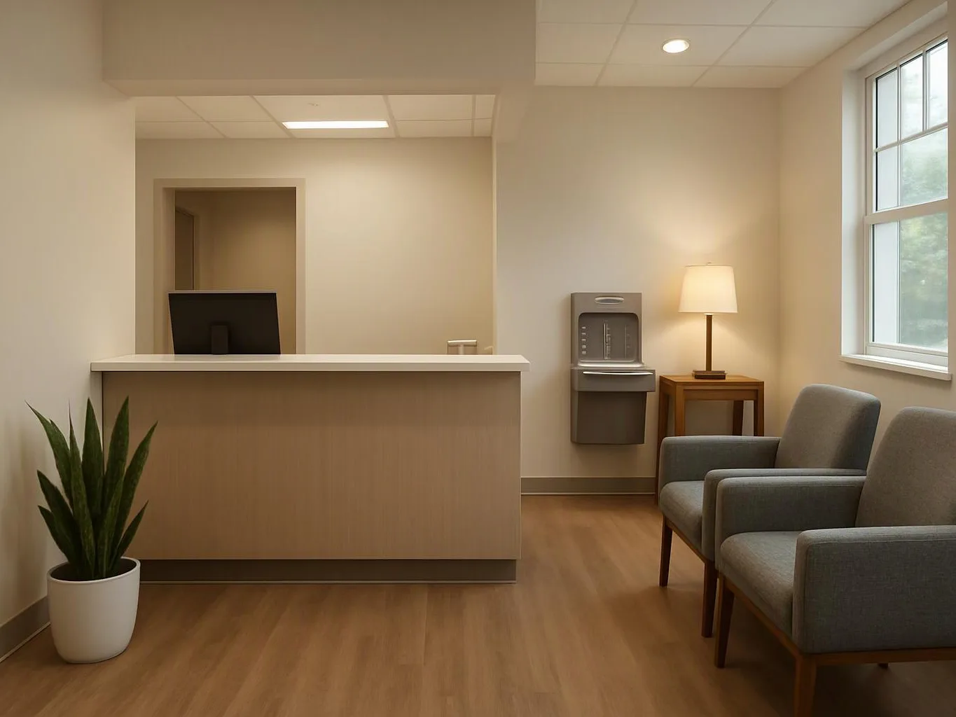 A quiet waiting room shows a front desk, two gray chairs, a lamp, and a water fountain near a window