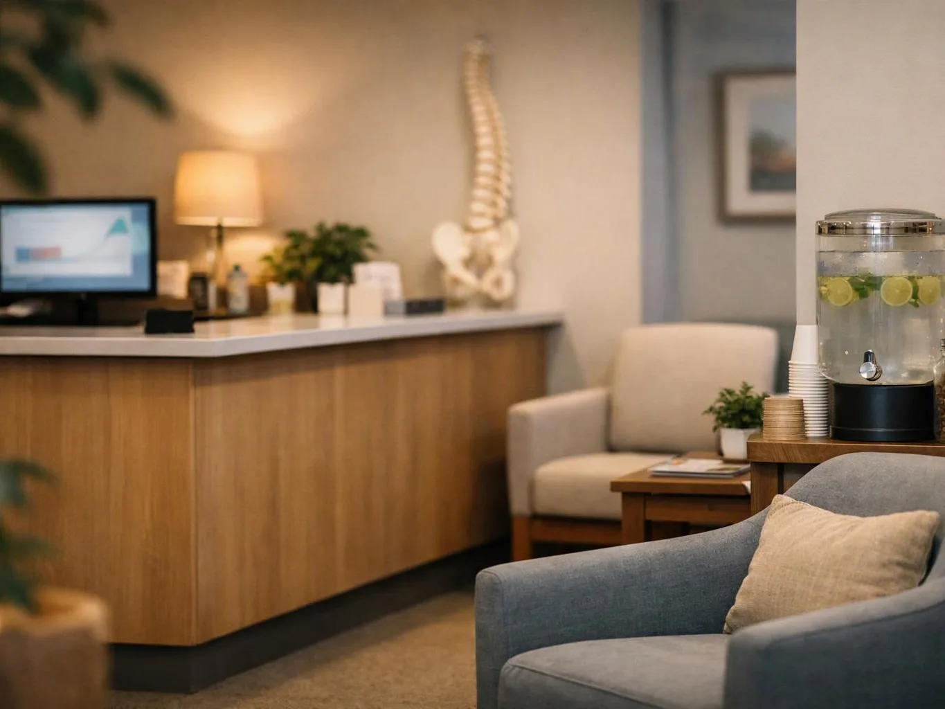 A quiet waiting room shows a wooden reception desk, chairs, a water dispenser, and soft lamps